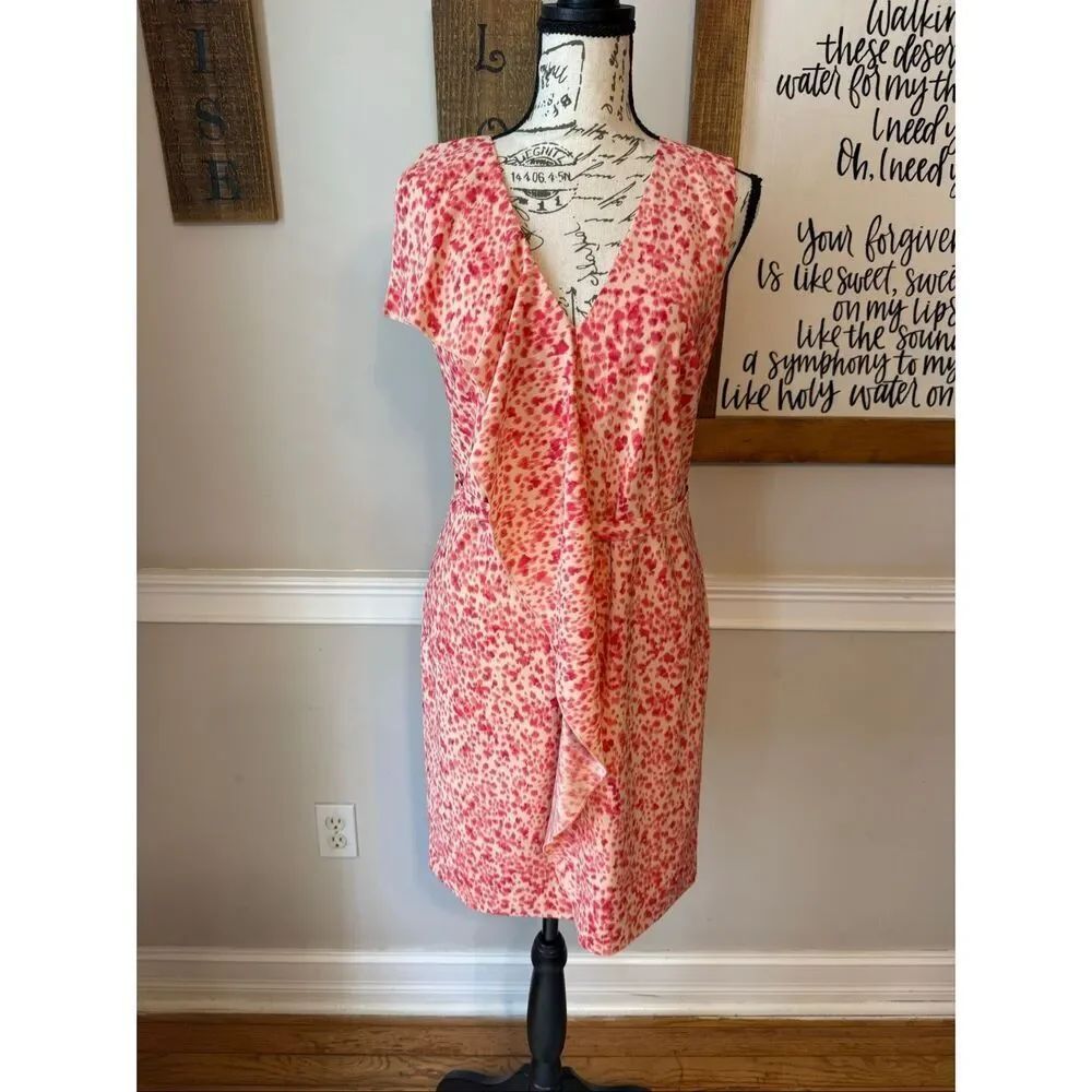 Ann Taylor Women's Abstract Print Ruffle Trim Sleeveless Sheath Dress Pink Sz 2